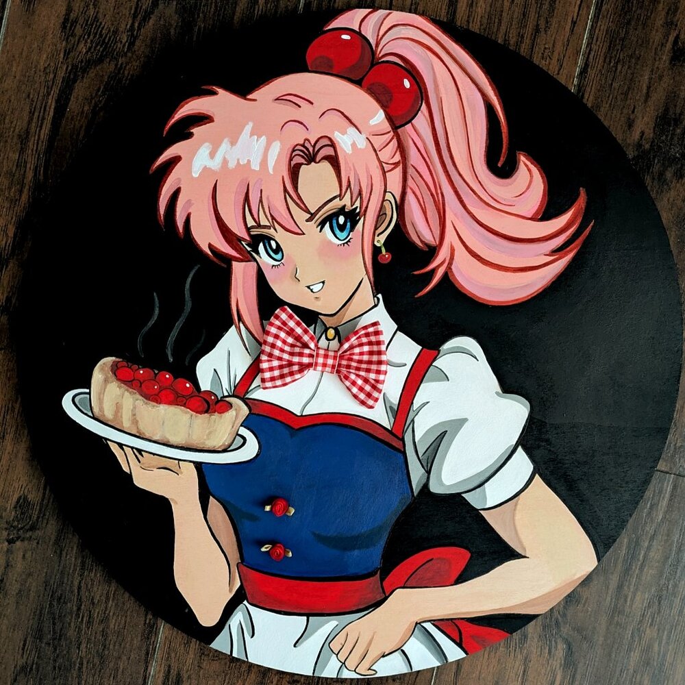 Order Up! Anime Waitress Diner Girl Painting Circular Wooden Canvas Wall Art